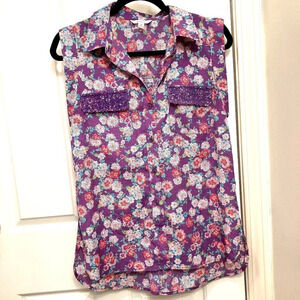 𝅺Candie’s Floral Summer‎ Top, Size Medium, Sleeveless, Purple Sequins, Like New